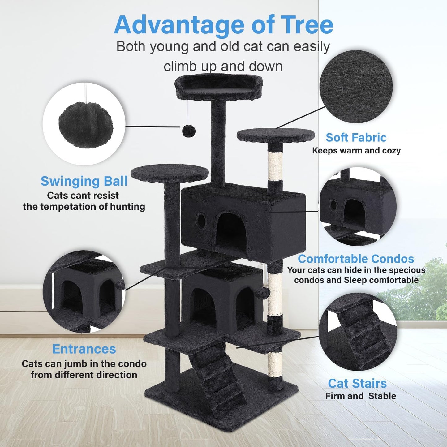 FDW | 54" Cat Tree Tower | Dark Gray | Multi-Level Indoor Activity Center with Sisal Scratching Posts, Condos, Plush Perches, Hanging Cat Toys | Sturdy, Easy to Assemble | for Kittens & Adult Cats