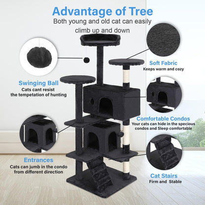 FDW | 54" Cat Tree Tower | Dark Gray | Multi-Level Indoor Activity Center with Sisal Scratching Posts, Condos, Plush Perches, Hanging Cat Toys | Sturdy, Easy to Assemble | for Kittens & Adult Cats