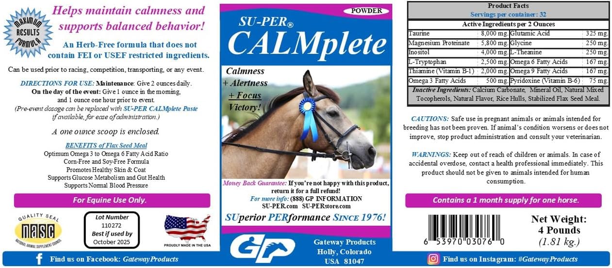 SU-PER CALMplete Calming Horse Supplement - Maintain Calmness & Balanced Behavior - Thiamine, Tryptophan & Magnesium - 4 Pounds, (2 Pack)