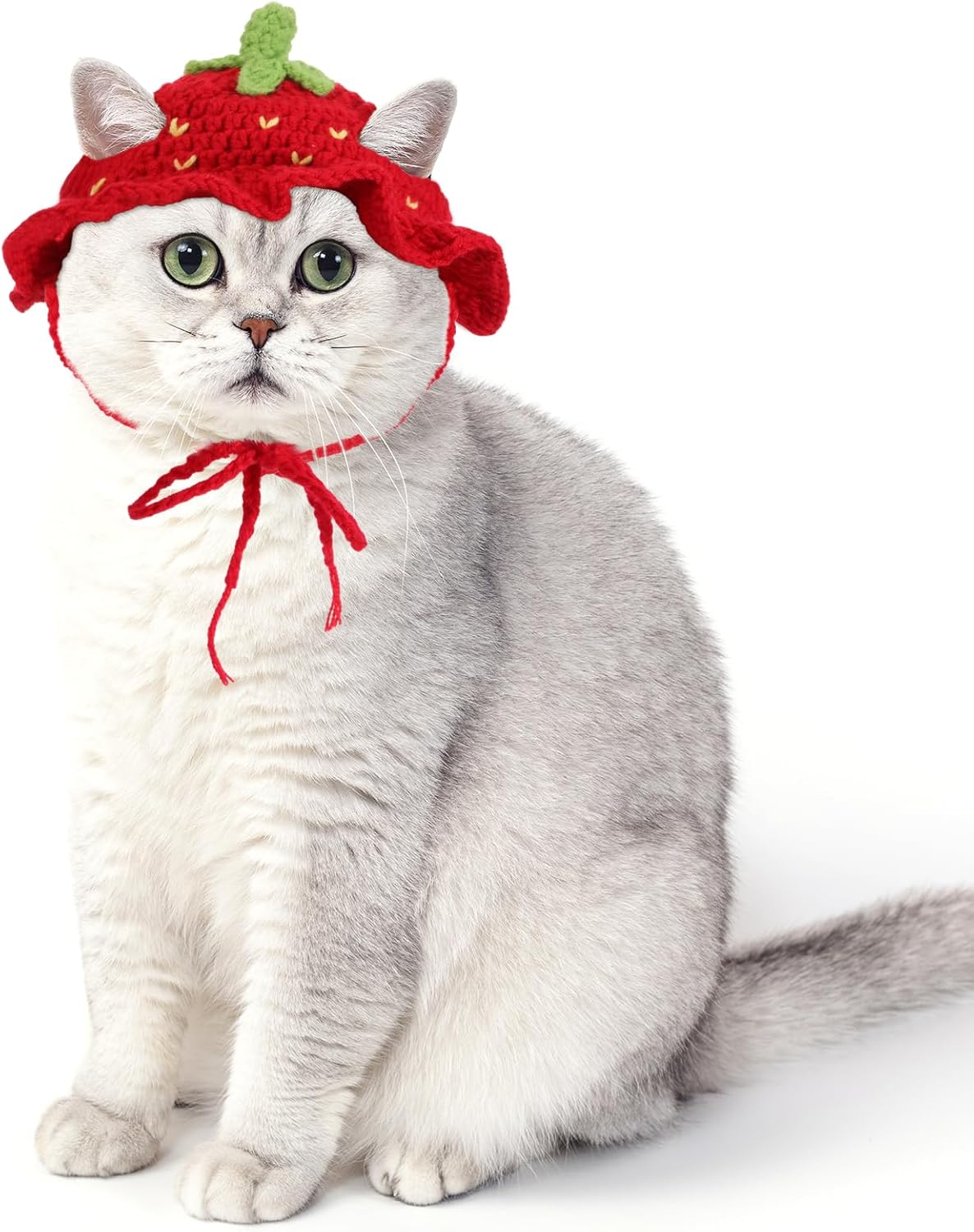 Strawberry Cat Hat, Cotton & Soft Cute Knitted Hats for Cats Birthday Party Christmas Puppy Hat for Small Pets (Red, M)