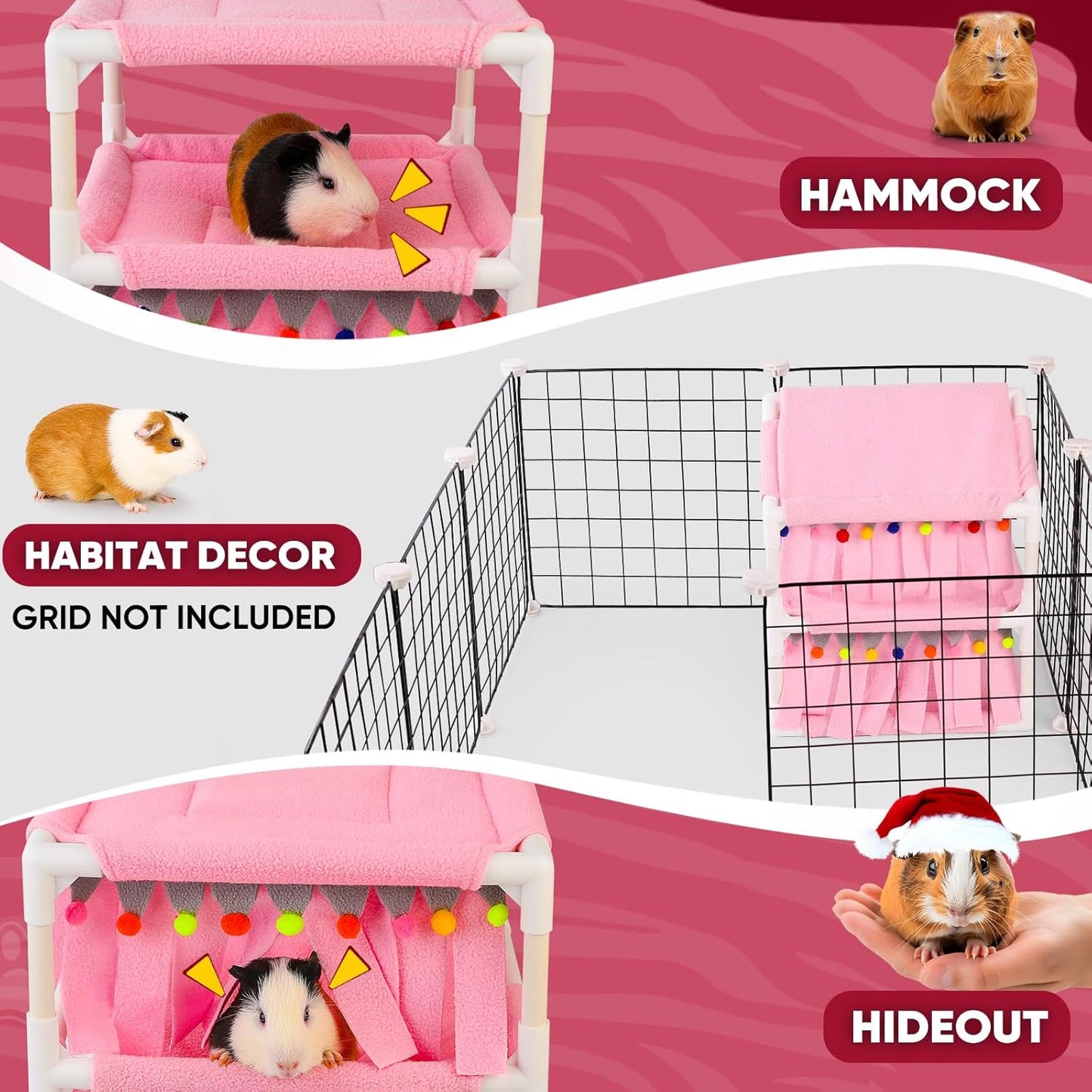 Guinea Pig Loft Bed - Small Pet Bunk Bed, Guinea Pig Hammock with Fleece Forest Hideout, Ideal for Rabbits, Ferrets and Chinchillas, Pink