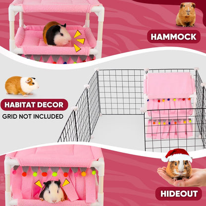 Guinea Pig Loft Bed - Small Pet Bunk Bed, Guinea Pig Hammock with Fleece Forest Hideout, Ideal for Rabbits, Ferrets and Chinchillas, Pink