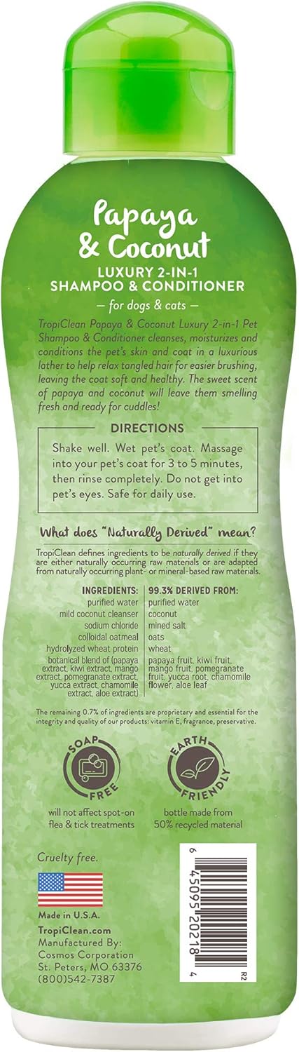 TropiClean 2-in-1 Dog Shampoo and Conditioner, Moisturizing Dog Detangler, Puppy Safe, Made in the USA, Papaya Scent, Cat & Kitten Safe, 20oz.