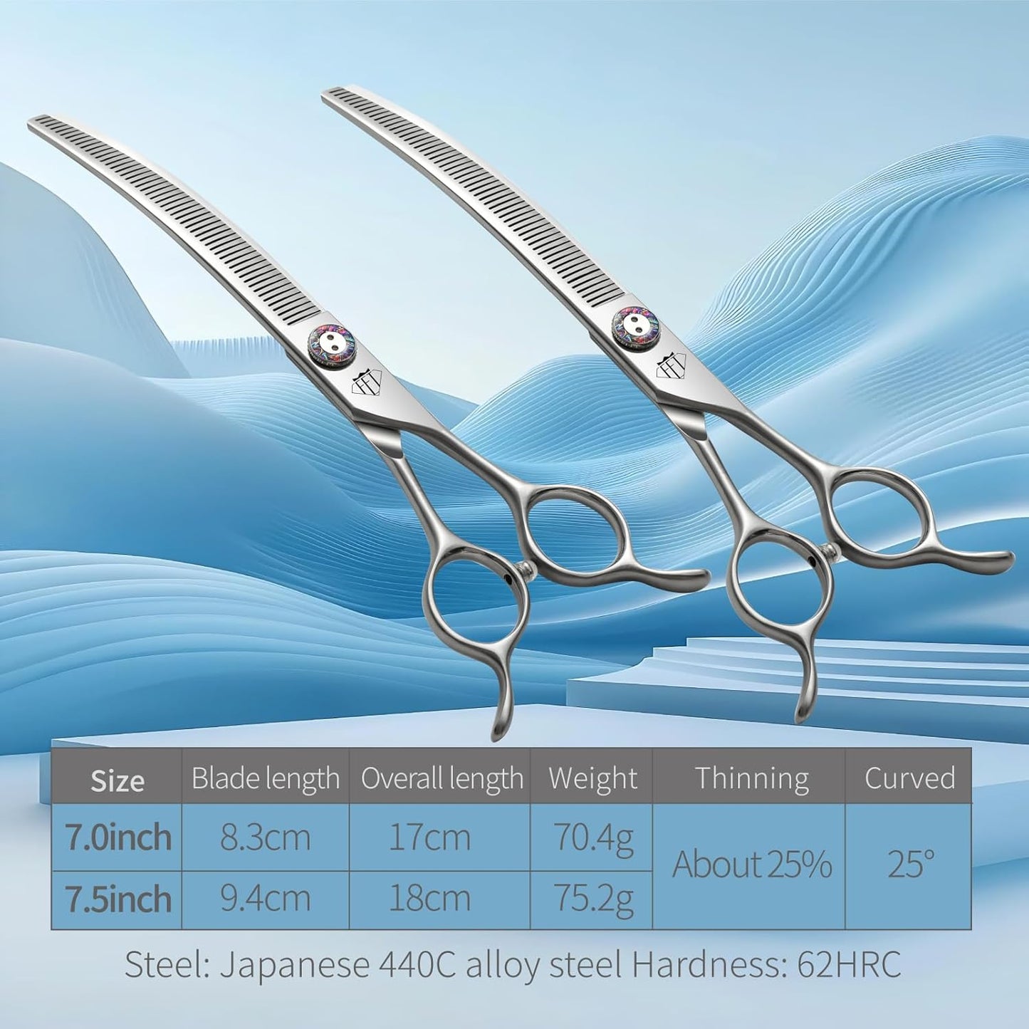 Professional Dog Grooming Scissors, 7 Inch JP440C Stainless Steel, 25% Thinning Curved Shears with Ergonomic Handle, Silver (Curved Thinner, 7.5")