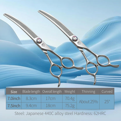 Professional Dog Grooming Scissors, 7 Inch JP440C Stainless Steel, 25% Thinning Curved Shears with Ergonomic Handle, Silver (Curved Thinner, 7.5")