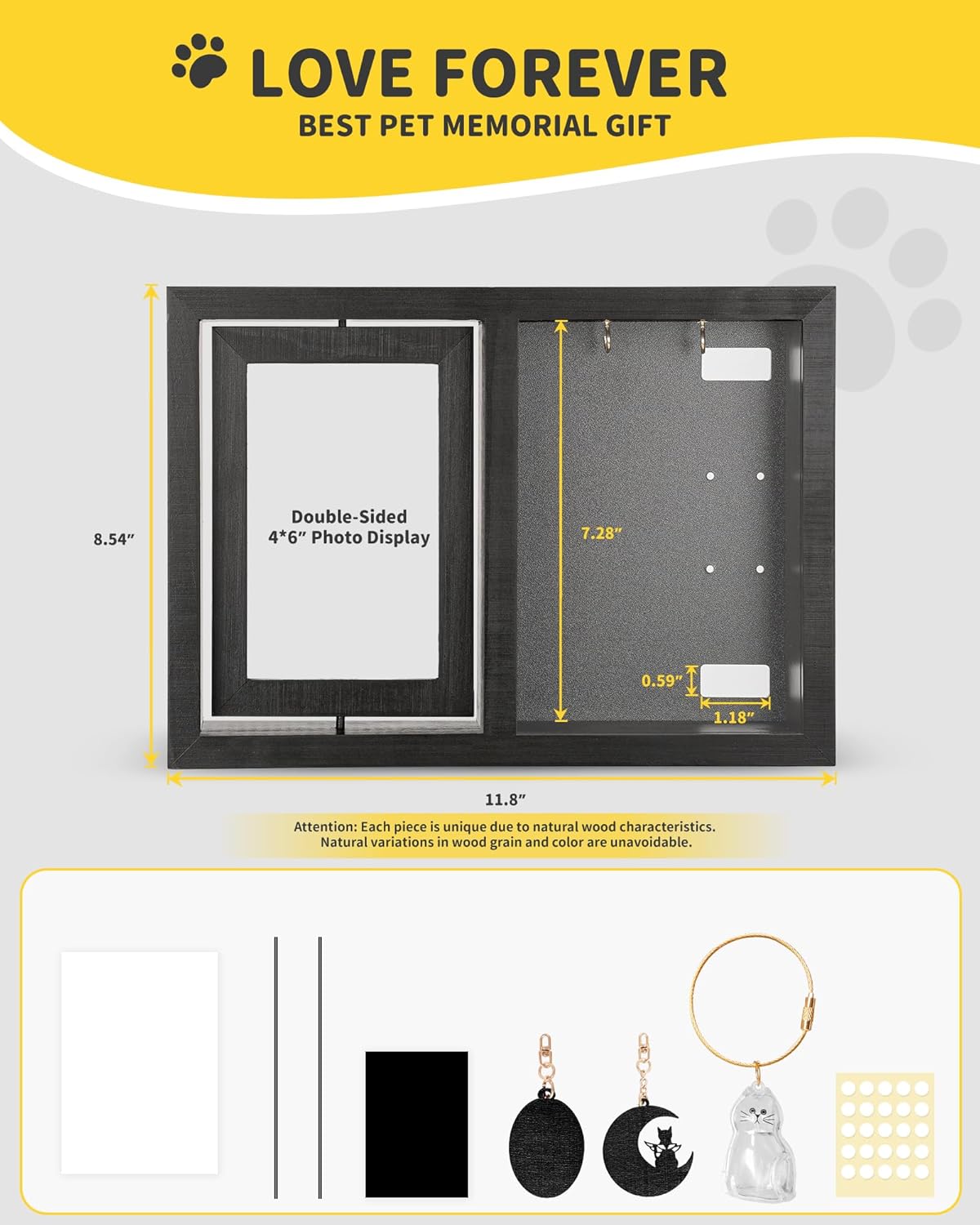 Dog & Cat 3-IN-1 Memorial Wooden Picture Frame Set, Lost Pet Sympathy Gifts with 360° Rotation Wooden Picture Frame for Two 4"x6" Photos, Pet Memory Gifts for Dog/Cat Passing