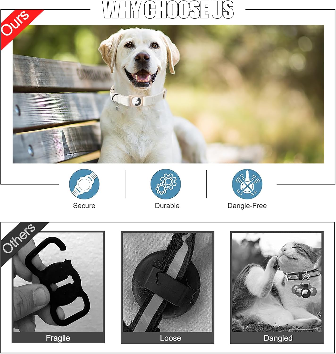 DOGWONG Airtag Cotton Hemp Dog Collar, Heavy-Duty Dog Collar with Airtag Holder White Natural Fabric Pet Cute Puppy Necklace for Small Medium Large Dogs