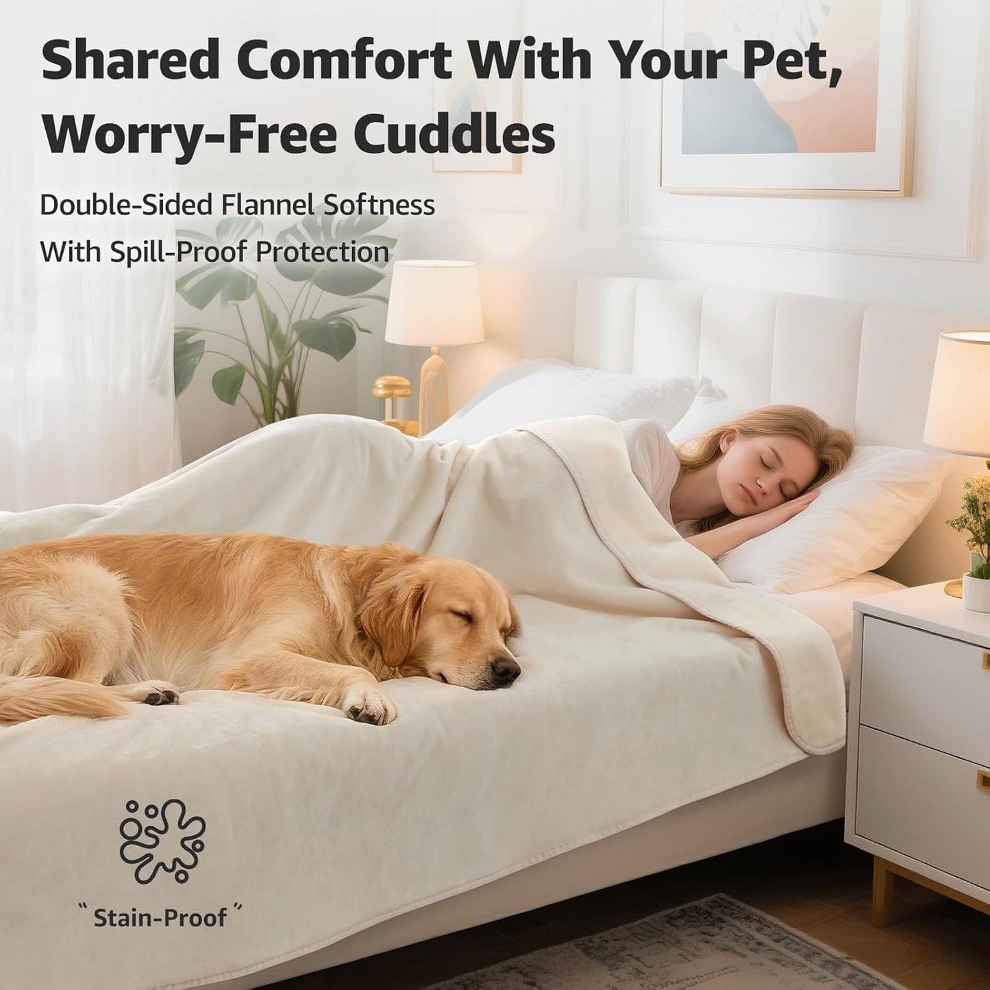 LOOBANI Waterproof Dog Blanket for Couch: Reversible Flannel Bed Blanket for Medium Large Dogs Liquid Proof, Soft Throw Blanket Couch Cover Protector for Sofa, Crate, Travel, Picnic, 50" x 60", Beige