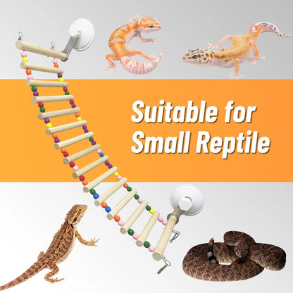 Bearded Dragon Tank Accessories, Wooden Ladder Hammock with Suction Cups for Terrarium, Habitat Climbing Accessories for Bearded Dragon, Gecko, Snake and Other Small Reptile