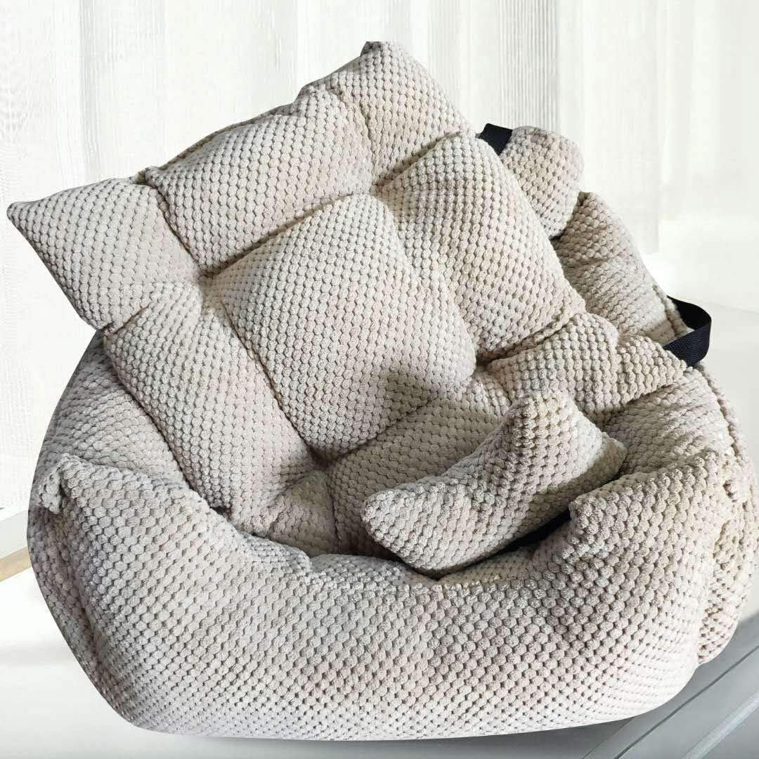 Series Deluxe Bucket Pets Dog Bed + Car Seat Carrier Booster Travel Safety with Two Removable Mats and Storage Pockets for Small Pets (Khaki)