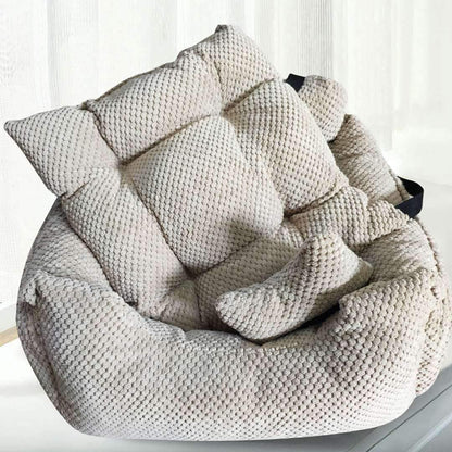 Series Deluxe Bucket Pets Dog Bed + Car Seat Carrier Booster Travel Safety with Two Removable Mats and Storage Pockets for Small Pets (Khaki)