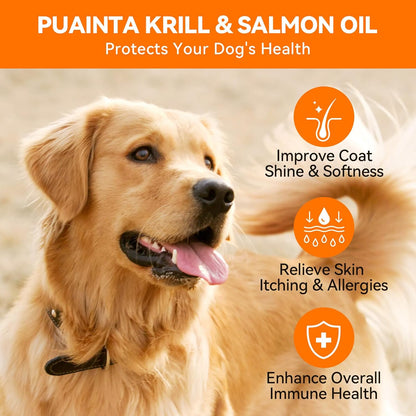 Krill and Salmon Oil for Dogs & Cats for Healthy Skin and Coat, 25% Max Omega 3 for Dog Fish Oil Supplement with EPA & DHA, Vitamin A, E for Dry Skin, Itchy & Allergy Skin Relief -8 oz, Liquid