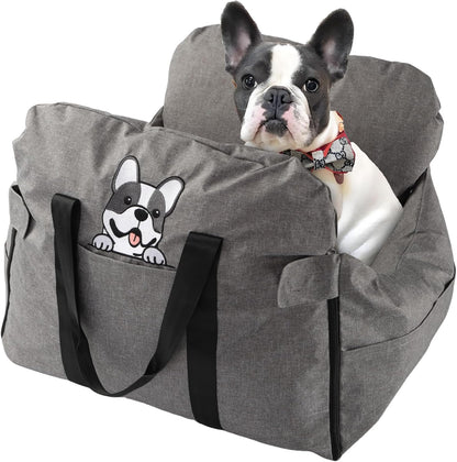 Dog Car Seat for Small/Medium Dogs.Water Repellent with Storage Pockets.Doubles as a Pet Travel Bed for Dogs Up to 40 lbs. Machine Washable Dog Carrier- Gray French Bulldog