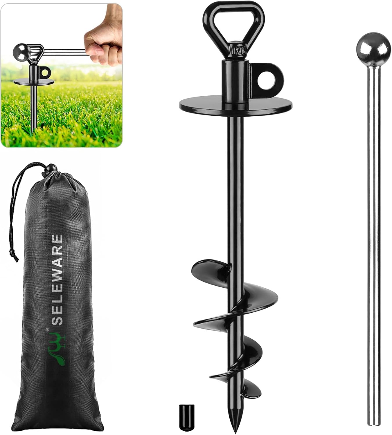 SELEWARE Dog Tie Out Stake Outdoor Anti-Rust Ground Anchor for Large Dogs up to 220 lbs, Free Swivel Dog Stake Dog Camping Gear Twist Rod Included