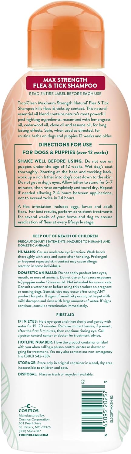 TropiClean Max Strength Flea and Tick Shampoo Treatment for Dogs, Powerful & Natural Defense, Prevention for Large & Small Dogs, Made in USA, 20oz
