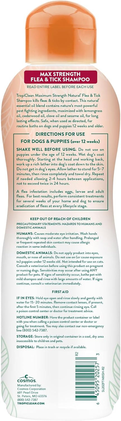 TropiClean Max Strength Flea and Tick Shampoo Treatment for Dogs, Powerful & Natural Defense, Prevention for Large & Small Dogs, Made in USA, 20oz