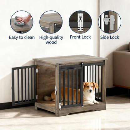 32" Dog Crate Furniture with Barn Doors for Small & Medium Dogs, Wooden Indoor Pet Kennel Furniture, Double Door Dog Cage & Side Table, Heavy Duty Chew & Escape Resistant