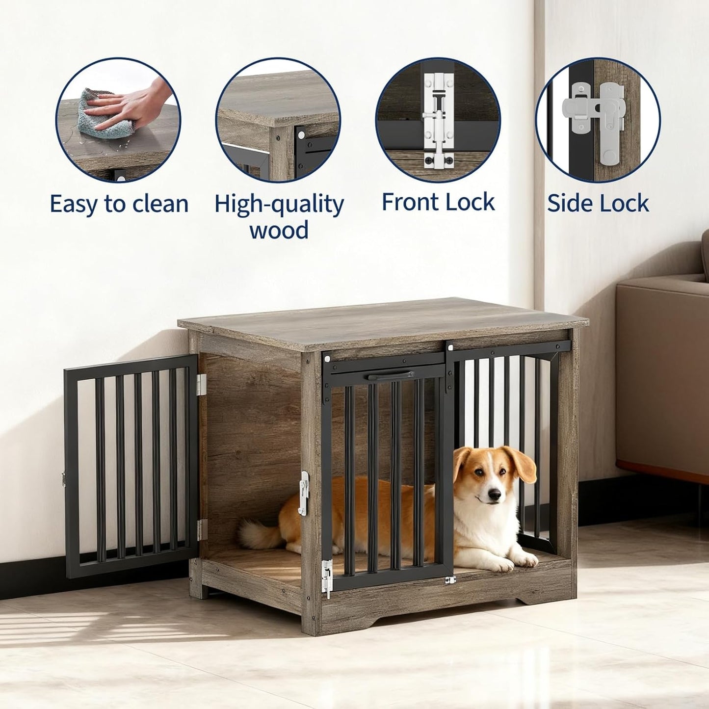 32" Dog Crate Furniture with Barn Doors for Small & Medium Dogs, Wooden Indoor Pet Kennel Furniture, Double Door Dog Cage & Side Table, Heavy Duty Chew & Escape Resistant