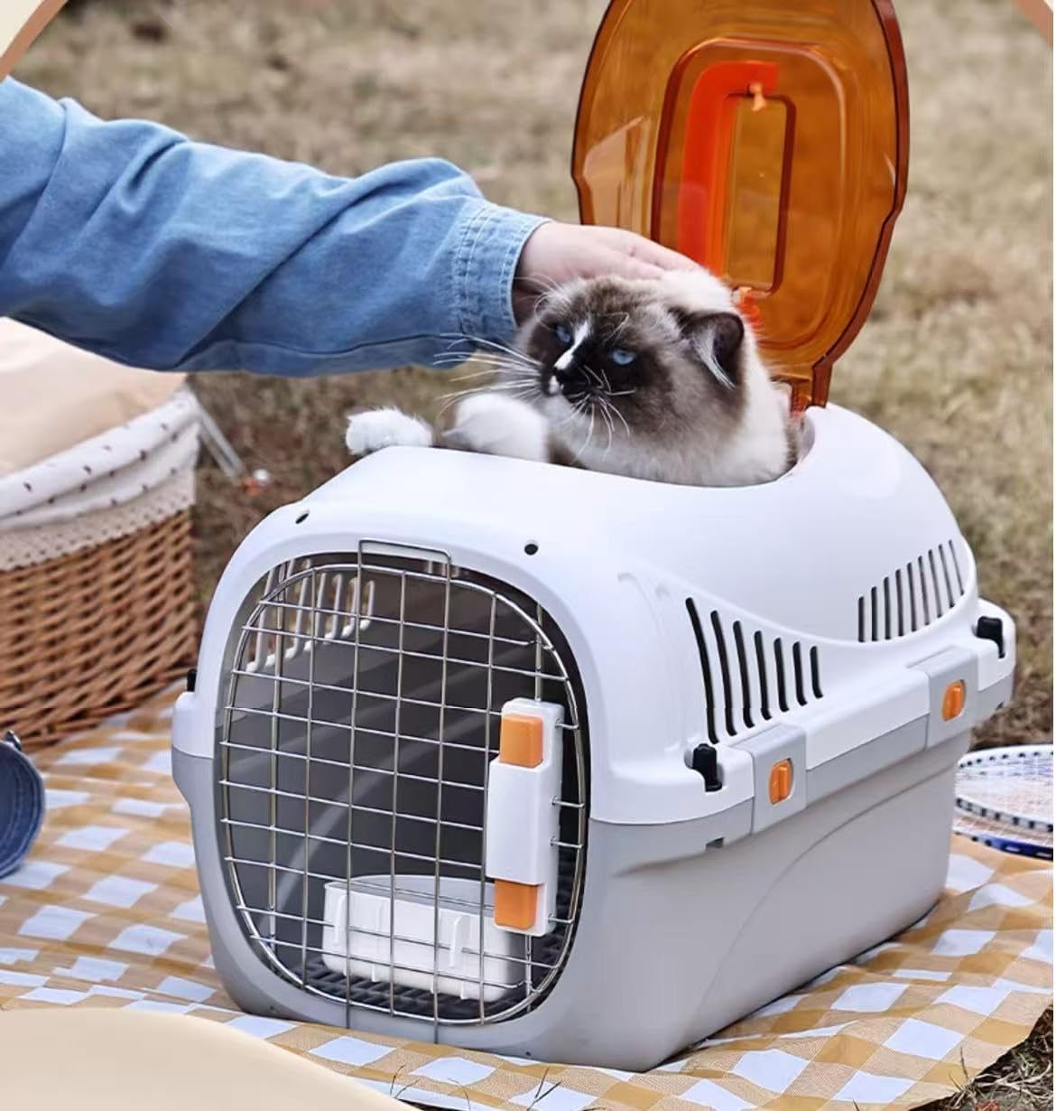 Hard Top Load Cat Carrier,Airline Pet Carrier,Cat Carrier Hard Shell, 360° Ventilation, Front Metal Door, Secure Latches,Includes Feather Wand,Hiking Car Travel Crate for Cats Small Dogs (Gray Set)