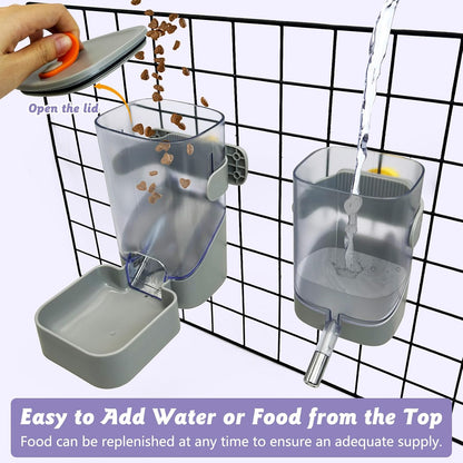 34oz Automatic Rabbit Food Dispenser for Cage Hanging Guinea Pig Feeder No Drip Bunny Food Bowl for Ferret Rat Hamster Chinchilla and Other Small Animals (Gray)