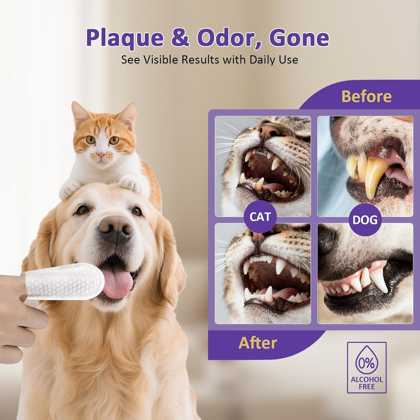 Pet Dental Finger Wipes,Teeth Cleaning Wipes for Dogs & Cats, Cats & Dogs Probiotic Teeth Wipes, Daily Oral Care for Plaque & Tartar Removal, Fresh Breath Support, 50 Count