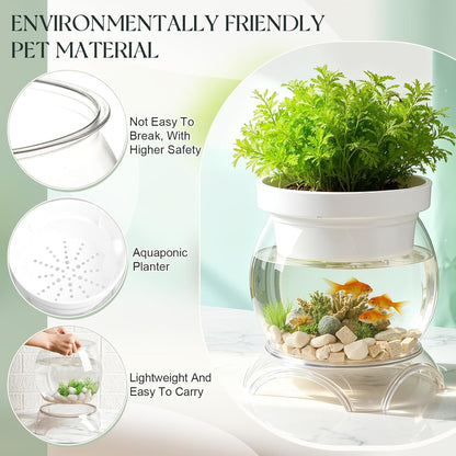 Geelin Plastic Fish Tank with Hydroponic Top and Base, Aquaponic Planter Bowl Shatterproof with Clear Clarity for Terrarium, Flower Vase Centerpiece Gift for Fish Lovers (Round)(5 Gallon)