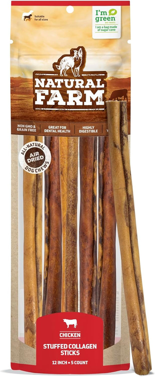 Natural Farm Chicken Stuffed Collagen Sticks with Real Chicken for Dogs (12 Inch, 5-Pack), Rawhide-Free Collagen Sticks, Odor-Free Natural Dog Chews, Long Lasting, for Small, Medium and Large Dogs