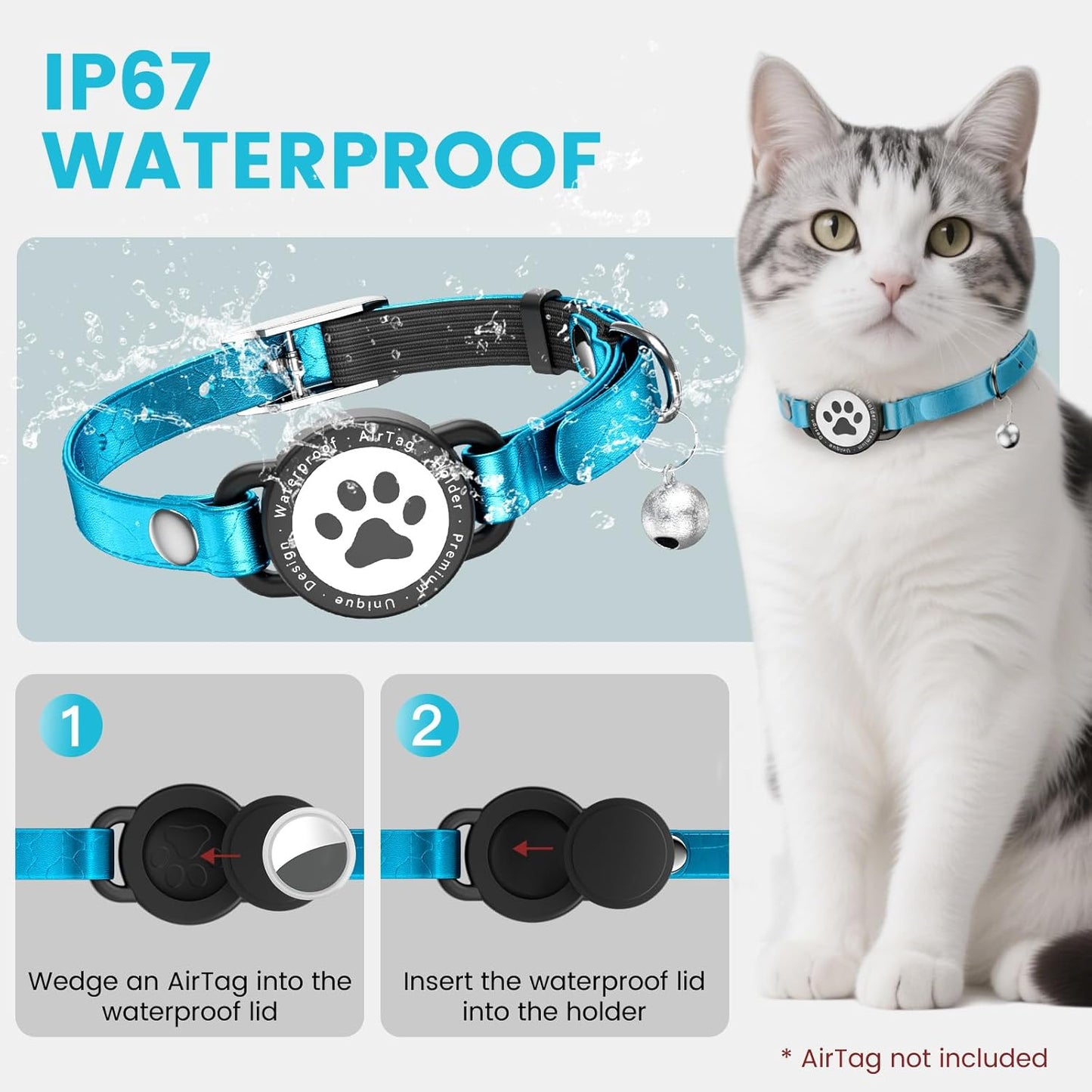 Leather Airtag Cat Collar - Waterproof Cat Collar AirTag Holder with Metal Buckle | Comfortable, Glossy Cats Tracker Collars with Bell for Girl Boy Cats, Kittens, and Puppies (Blue)