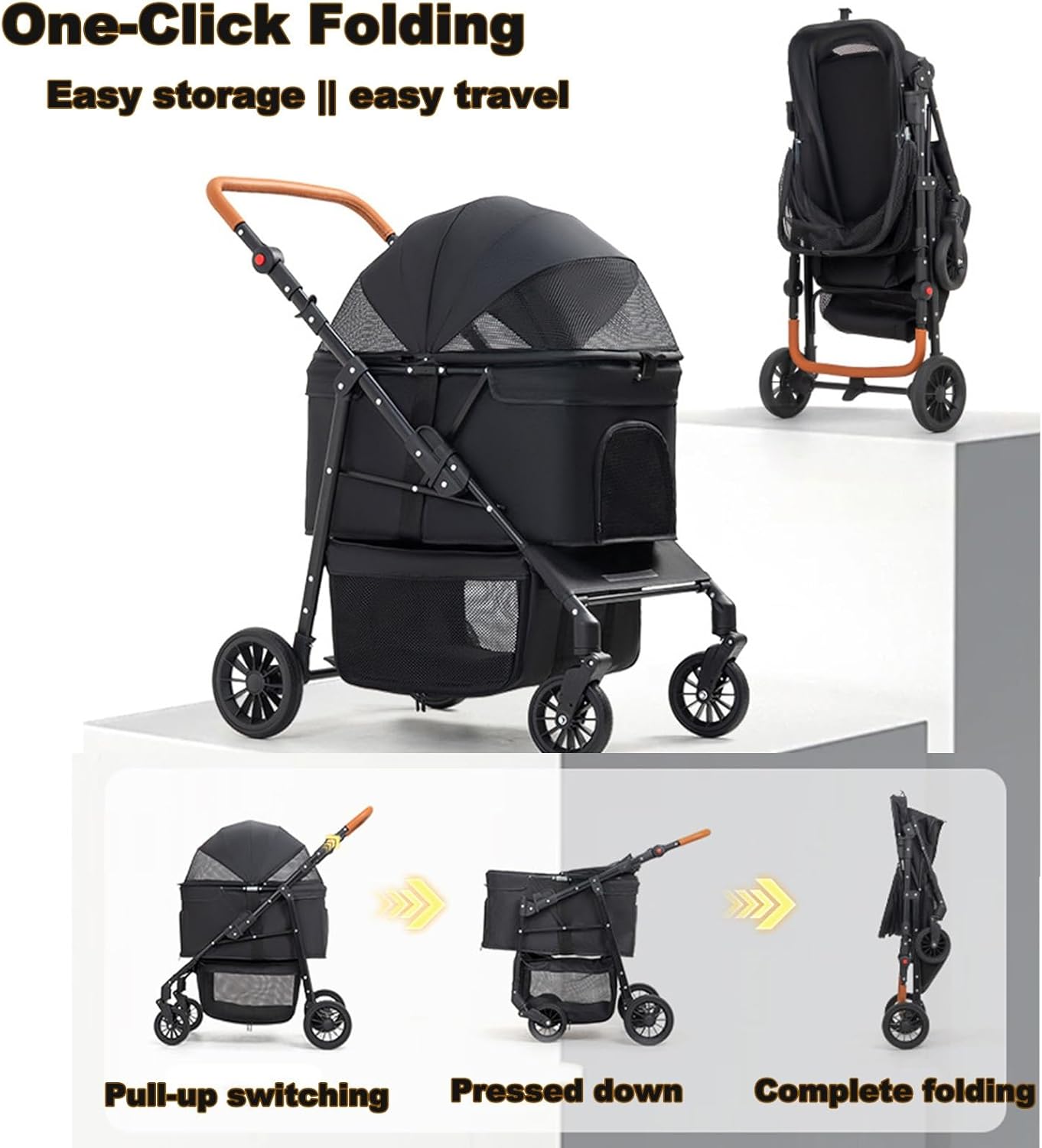 Dog Stroller for Medium and Large Dogs Foldable Pet Strollers for Puppy Cat Cart Up to 66lbs with All Terrain 4 Wheels Adjustable Handle Canopy Sun Shades Storage Organizer(Single)