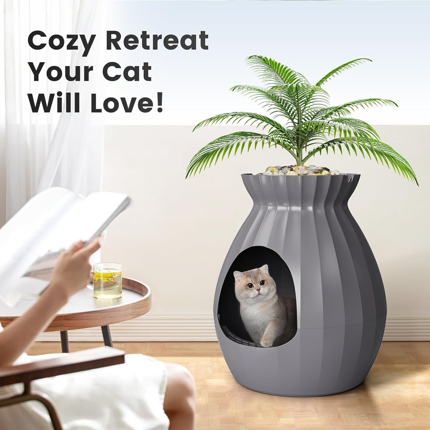 Plant Cat Bed for Indoor Cats – Extra Large Enclosed Cat Cave House with Replaceable Pad, Cozy All-Season Decorative Furniture for Big Cats