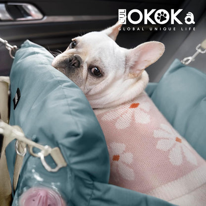 Small Dog Car Seat with Safety Leash - Up to 25lbs, Waterproof Travel Bed with Detachable Cover and Pockets - Easy Installation - Blue