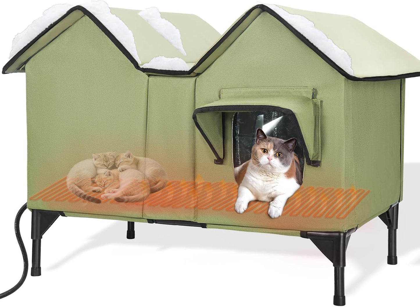 Heated Cat House, Extra Large Heated Outdoor Cat House Weatherproof with Heating Pad for Winter, Elevated Waterproof Insulated Cat Houses for Outdoor Cats, Warm Feral Cat Shelter (Green)