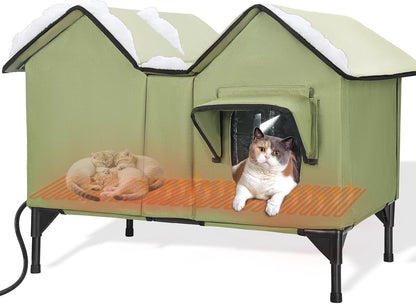 Heated Cat House, Extra Large Heated Outdoor Cat House Weatherproof with Heating Pad for Winter, Elevated Waterproof Insulated Cat Houses for Outdoor Cats, Warm Feral Cat Shelter (Green)