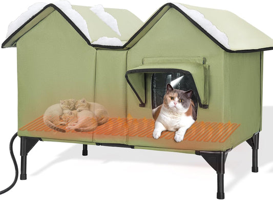 Heated Cat House, Extra Large Heated Outdoor Cat House Weatherproof with Heating Pad for Winter, Elevated Waterproof Insulated Cat Houses for Outdoor Cats, Warm Feral Cat Shelter (Green)