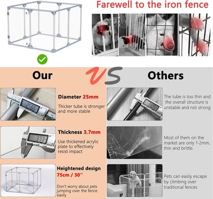 Clear Acrylic Dog Playpen, 10 Panels 29.5 Inch Tall Indoor Pet Play Pen with Door, Transparent Puppy Fence for Small Dogs, Dog Fence Crate Kennel Whelping Cage