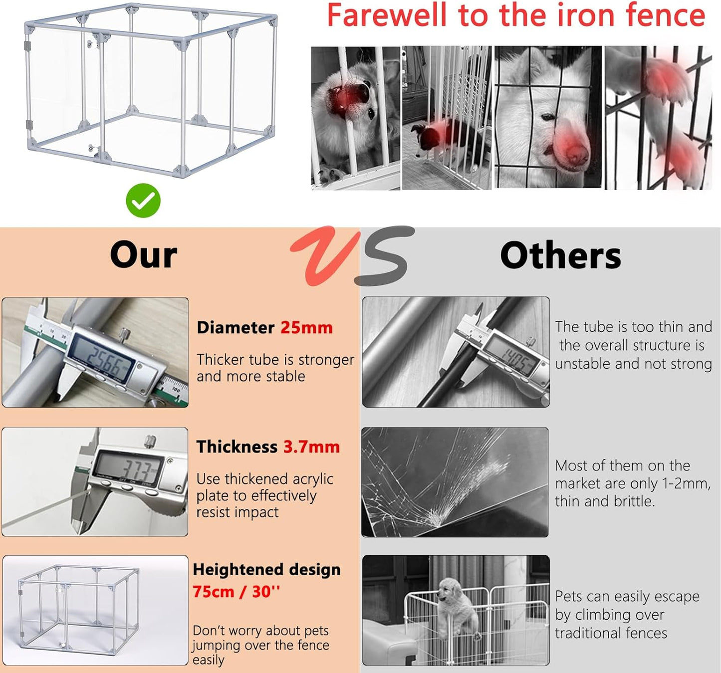 Clear Acrylic Dog Playpen, 10 Panels 29.5 Inch Tall Indoor Pet Play Pen with Door, Transparent Puppy Fence for Small Dogs, Dog Fence Crate Kennel Whelping Cage