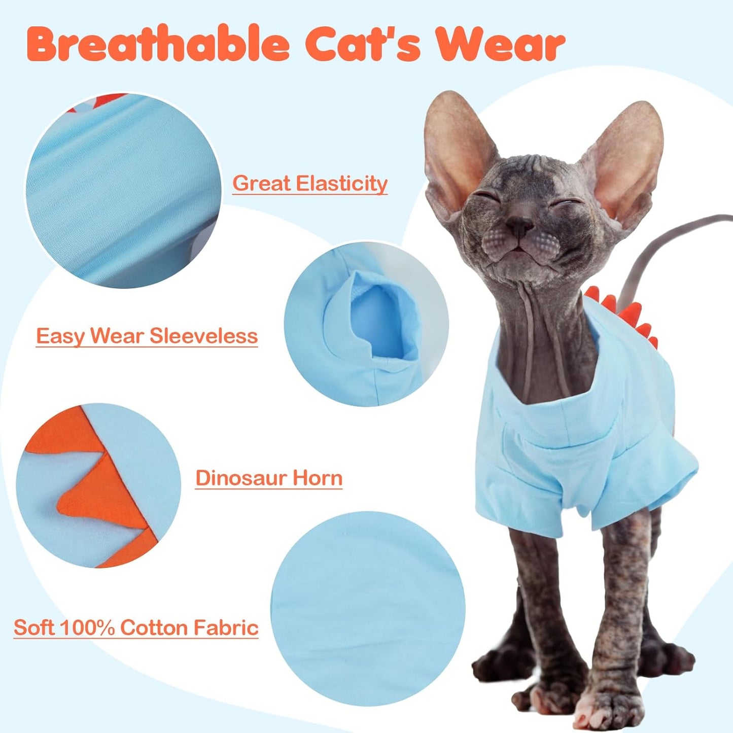 DENTRUN Sphynx Cat Clothes, Cute Dinosaur Design Hairless Cat Costume, Breathable Cotton Shirts Cat Clothes for Cats Only, Round Collar Kitten Daily T-Shirts with Sleeves, Cats Funny Cosplay Apparel