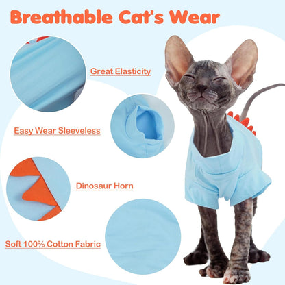 DENTRUN Sphynx Cat Clothes, Cute Dinosaur Design Hairless Cat Costume, Breathable Cotton Shirts Cat Clothes for Cats Only, Round Collar Kitten Daily T-Shirts with Sleeves, Cats Funny Cosplay Apparel