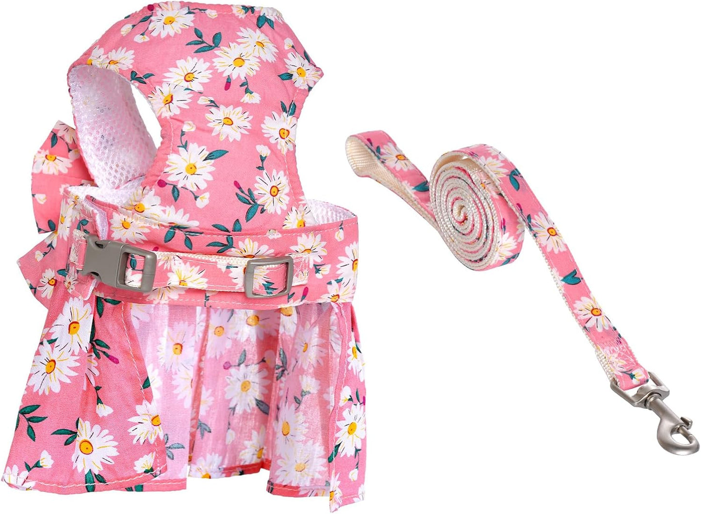 Dog Dress Bowknot Harness and Leash Set Adjustable Puppy Harness Mesh Vest Set Bow Knot Pet Clothes for Small Girl Dog Cat (X-Small, Pink)