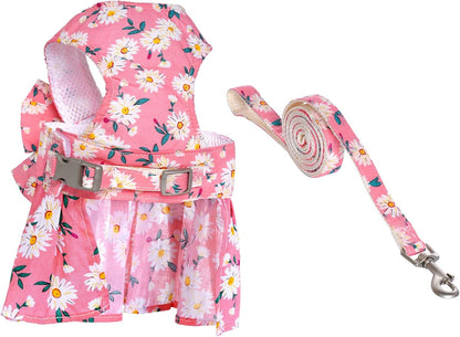 Dog Dress Bowknot Harness and Leash Set Adjustable Puppy Harness Mesh Vest Set Bow Knot Pet Clothes for Small Girl Dog Cat (X-Small, Pink)