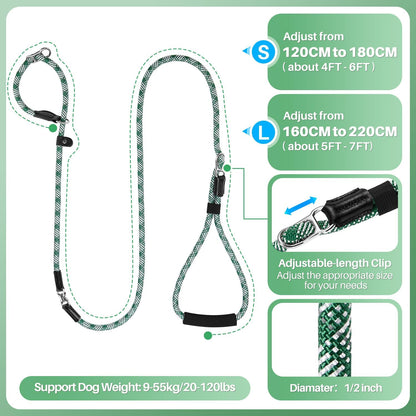 SlowTon Slip Lead Dog Leash, Adjustable 4-6 FT, 1/2” Rope, Heavy Duty Nylon Leashes with Padded Handle & Highly Reflective Threads, No Pull Training Leash for Medium Large Dogs 20-120lb (Green, S)