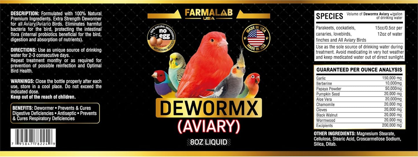 Farmalab DEWORMX Liquid Extra Strength 2oz 8oz Budgies, Parakeet, Finches, Lovebirds Small Caged Birds para periquitos, cacatillos, cotorras, Canarios, guacamayos, Quakers y Aves (Aviary 8oz)