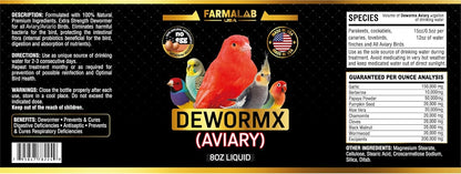 Farmalab DEWORMX Liquid Extra Strength 2oz 8oz Budgies, Parakeet, Finches, Lovebirds Small Caged Birds para periquitos, cacatillos, cotorras, Canarios, guacamayos, Quakers y Aves (Aviary 8oz)