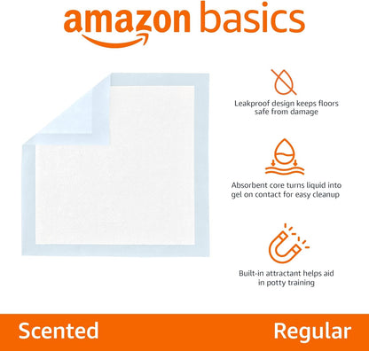 Amazon Basics Scented Dog and Puppy Pee Pads, 5-Layer Leak-Proof Super Absorbent, Quick-Dry Surface, Potty Training, Regular (22x22"), 100 Count, Blue & White