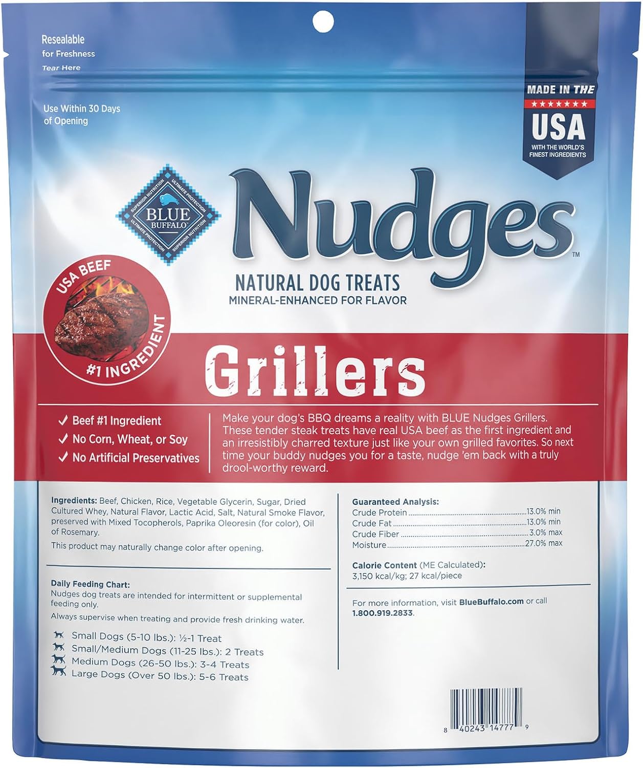Blue Buffalo Nudges Grillers Natural Dog Treats with Real USA Beef, Made in the USA, Steak, 36-oz Bag
