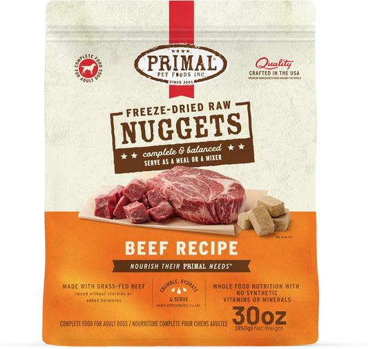 Primal Freeze Dried Raw Dog Food Nuggets, Beef, Complete & Balanced Meal, Also Use as Topper or Treat, Premium, Healthy, Grain Free, High Protein Raw Dog Food, 30 oz