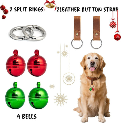 Loud Dog Collar Bells, Durable Pet Red And Green Bells Tracker for Large Dogs, 4 Christmas Copper Bells and 2 Leather Button Strap for Outdoor Safety, Pet Tracking, Hiking, Walking (Red Green)