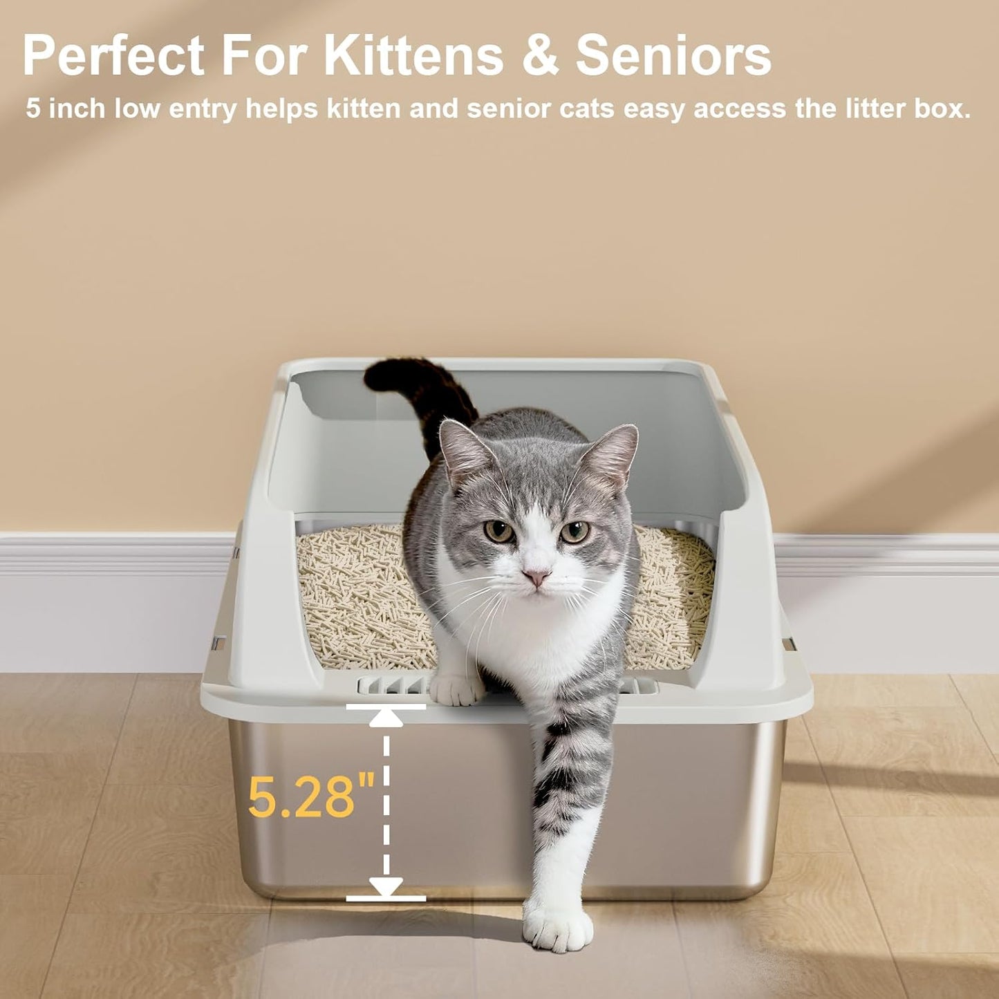 TENTIZON 2 Pack Stainless Steel Cat Litter Box with Lid, Open Top Large Metal Kitty Litter Pan with High Side, Litter Mat, Scoop for Kitten, Multi-Cats Home, Odor Control, Leak Proof, Easy Clean