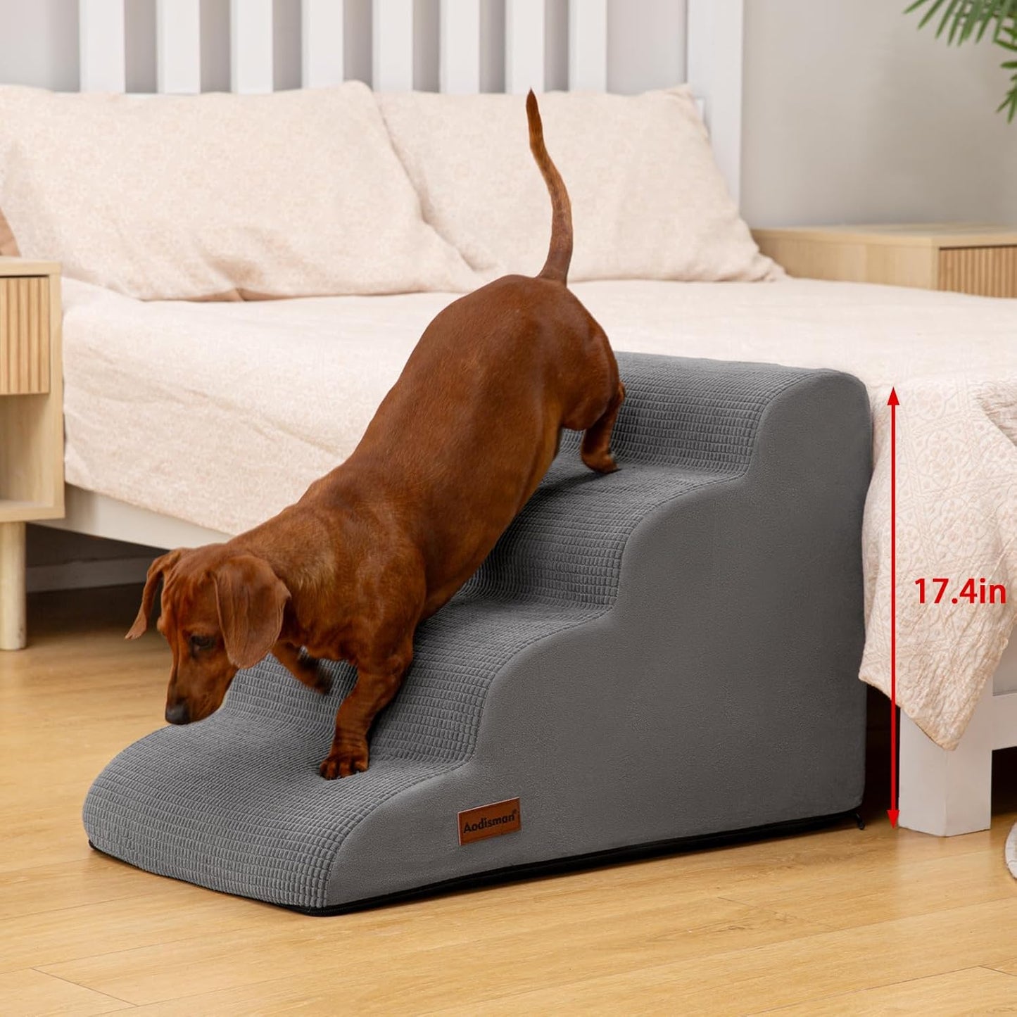 Dog Steps for Bed, 4-Step Dog Stairs Ramp for Small Dogs and Cats, Indoor Non-Slip Pet Stairs Suitable for Older, Short-Legged, and Puppy Dogs to Climb onto High Beds and Couch, 17.4" H,Grey
