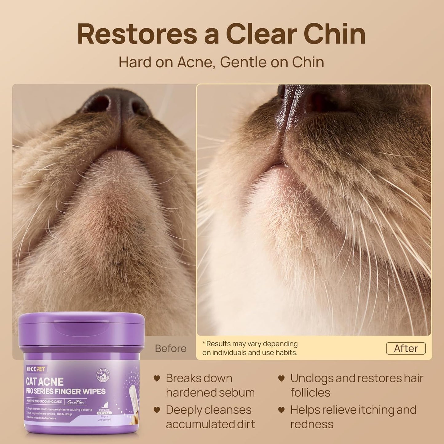 HICC PET Cat Chin Acne Finger Wipes – Gentle Enzyme Complex Care for Feline Acne & Blackheads, Vet Recommended Daily Chin Cleaning Wipes, No-Rinse Natural Formula